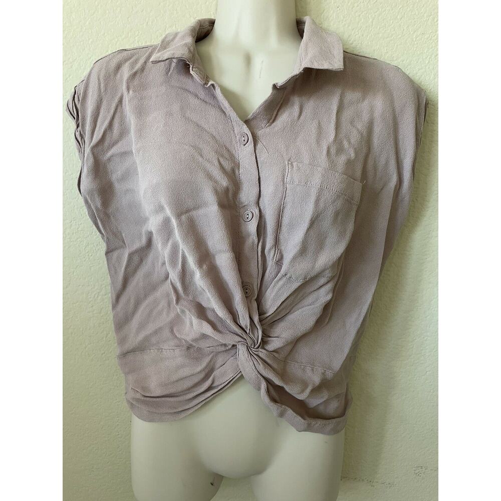 Hearts Hips Mauve Cuffed Cap Sleeve Button Up Twist Front Women’s Top Size S